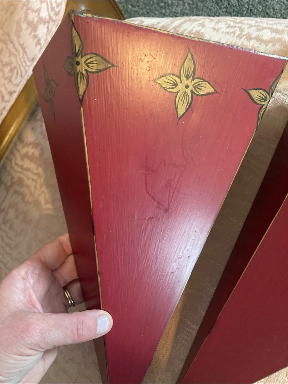 Pair of Metal Red Decorative Wall Shelves with Gold Accents